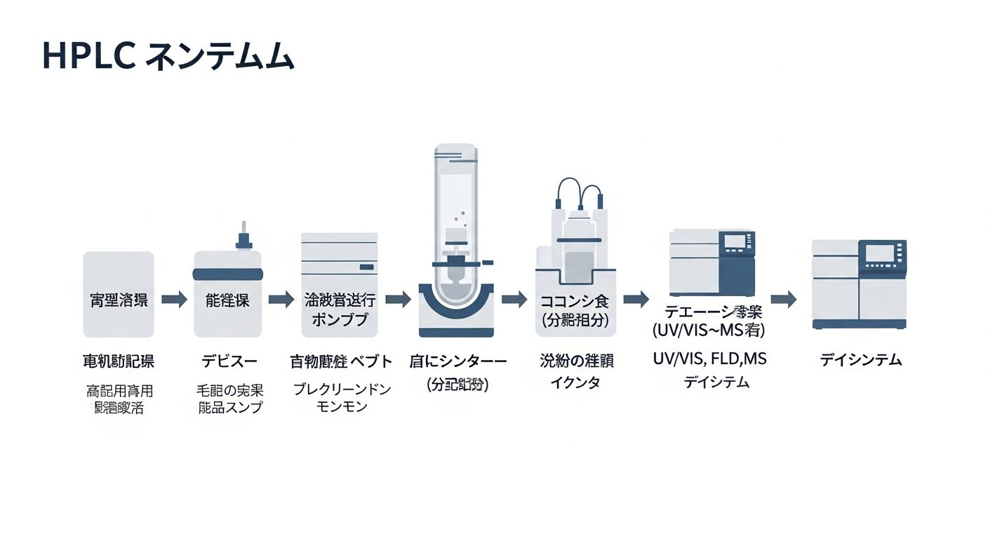 HPLC装置の構成図（流れ図インフォグラフィック）。左から右へ『移動相リザーバー』→『脱気装置』→『送液ポンプ』→『オートサンプラー（注入）』→『カラムオーブン