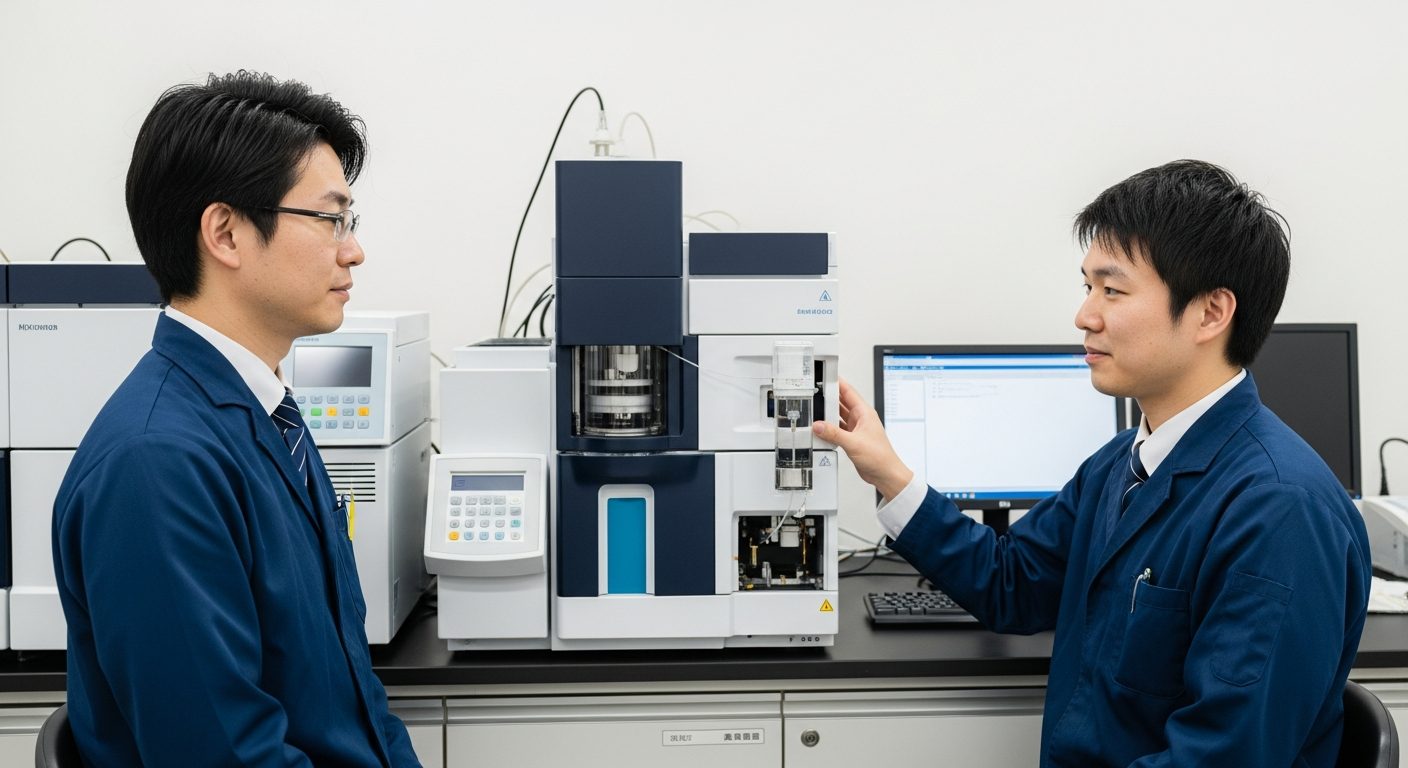 HPLC分析の主な用途と対象物質をマトリックスで整理したインフォグラフィック。縦軸を分野（製薬・医薬品品質管理／食品・農産物検査／環境・水質分析）、横軸を代表的